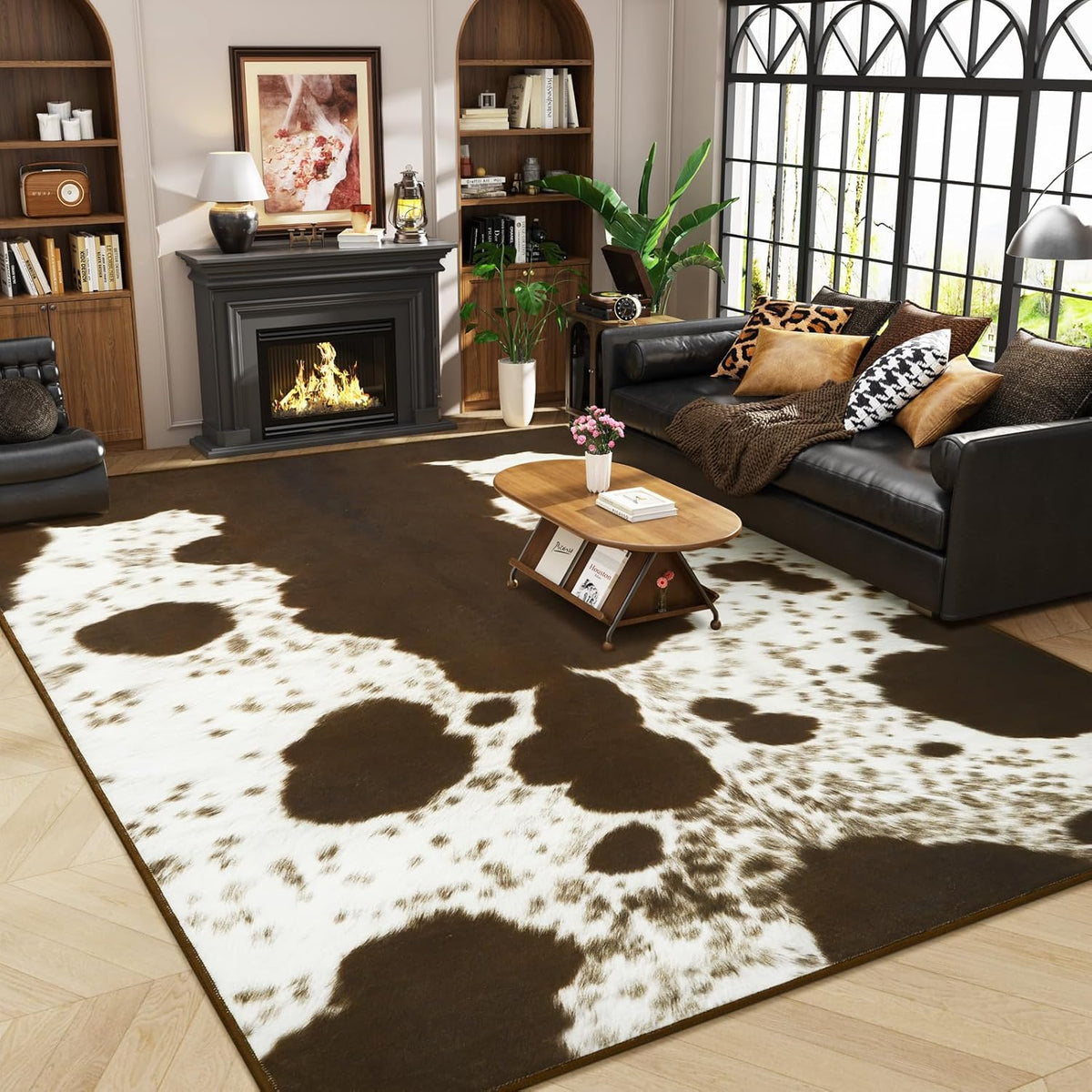 Faux Cowhide Rugs Bedroom, 8x10 Cow Print Area Rug | Machine Washable Non-Slip Stain Resistant Rug Premium Western