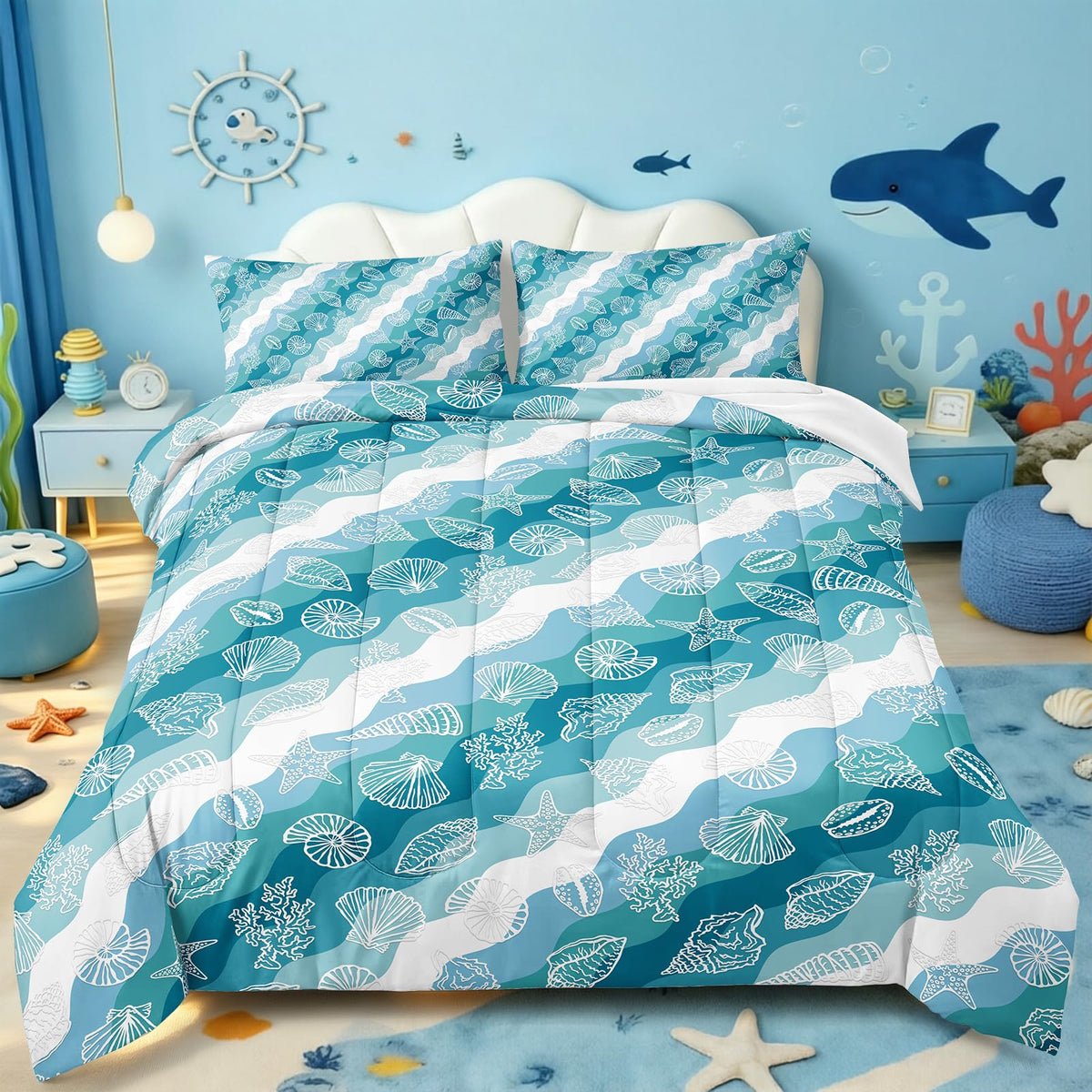 Teal Ocean Waves Comforter Set Seashells and Starfish Bedding Coastal Beach Theme 1 Comforter with 1
