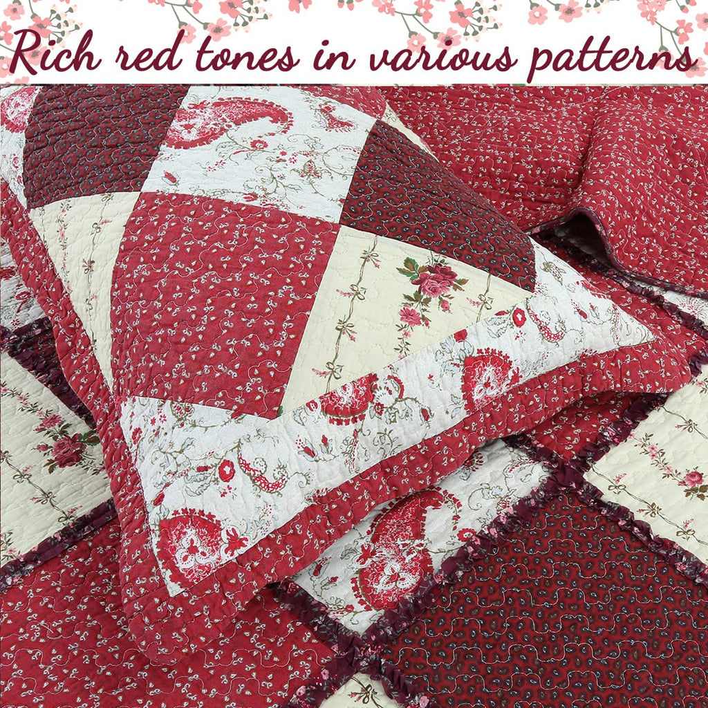 100% Cotton True Patchwork Reversible Red Floral Paisley Rag Ruffle Farmhouse Quilt Bedding Set, Coverlet Bedspread