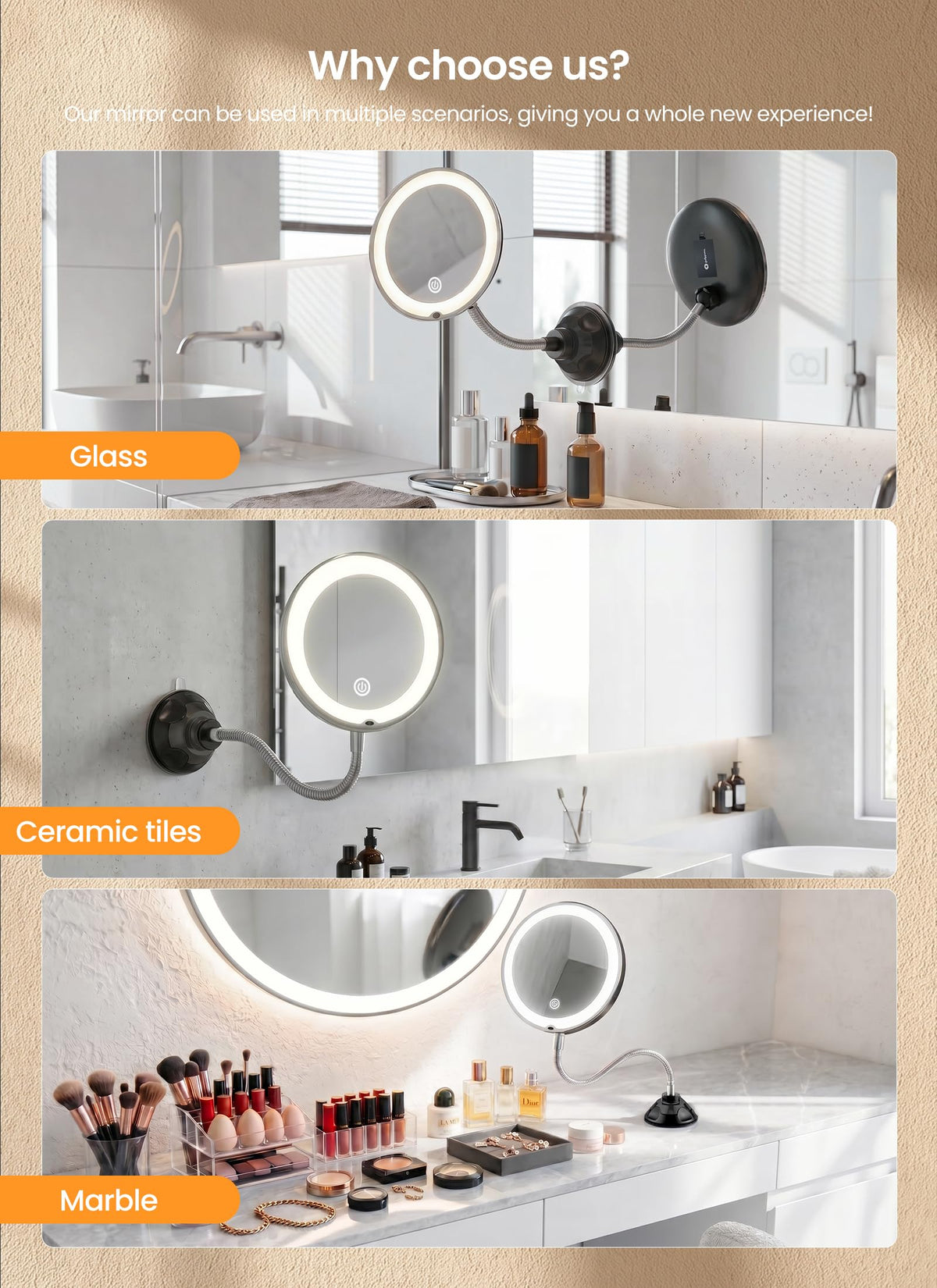 10x Makeup Mirror with Lights, Flexible Magnifying Mirror 3 Light Modes