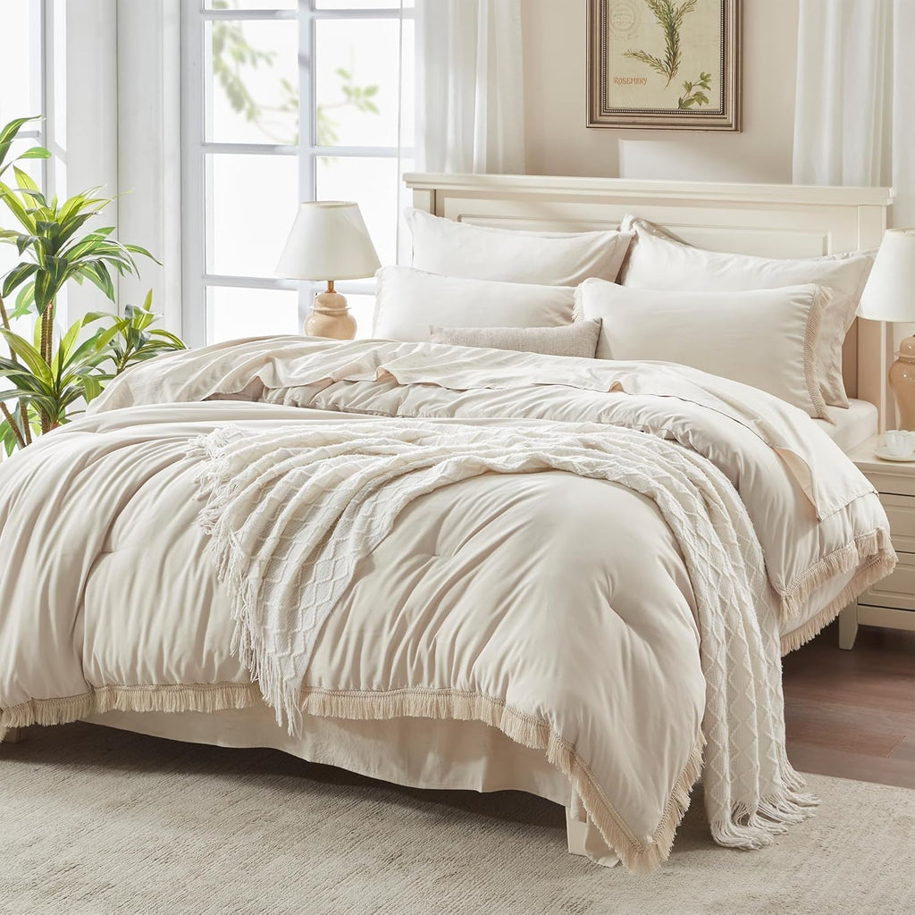 Comforter Set, 7 Pieces Beige Bedding - Set of 7