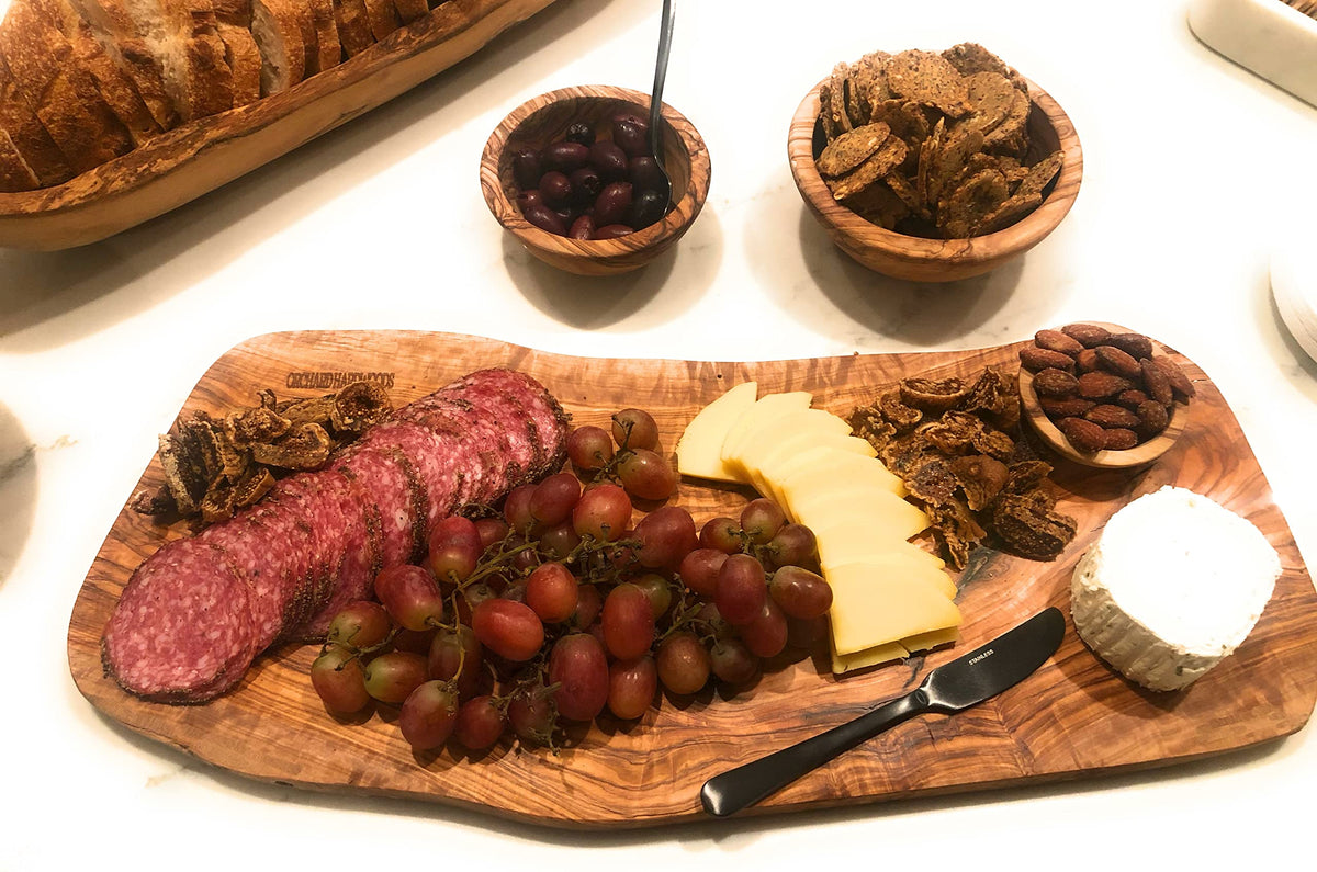 16" Rustic Handmade Olive Wood Bark Edge Charcuterie Board by - Platter For Cutting, Chopping, Serving. Wooden Cheese