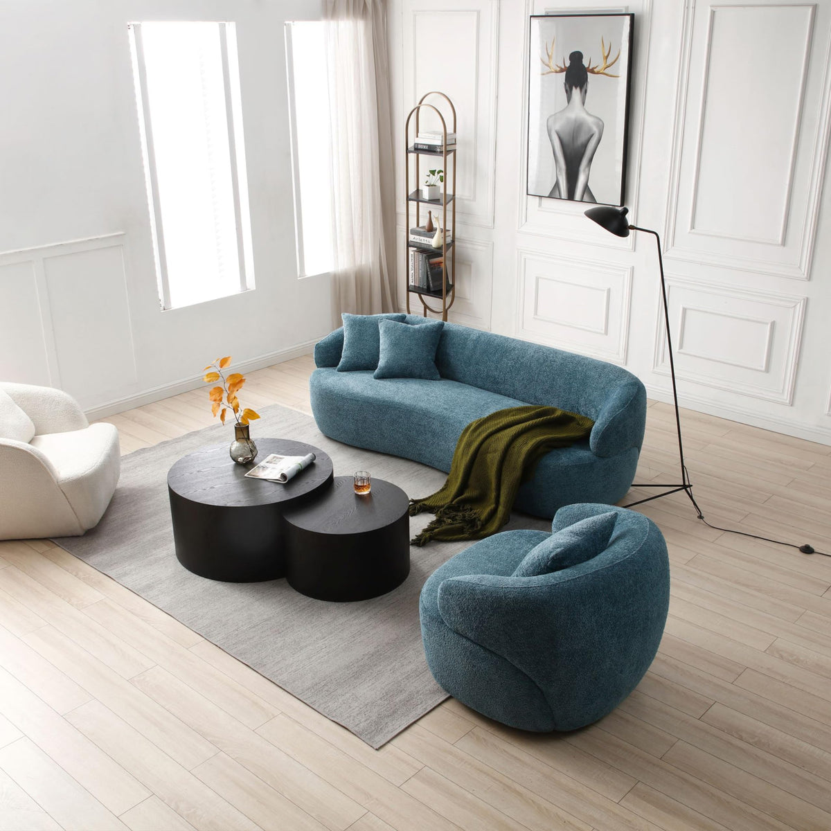 Modern Curved Sofa Couch, Oversized Curved Sofa Comfy Teddy Fleece Boucle Couches with 2 Pillows Apartment Office
