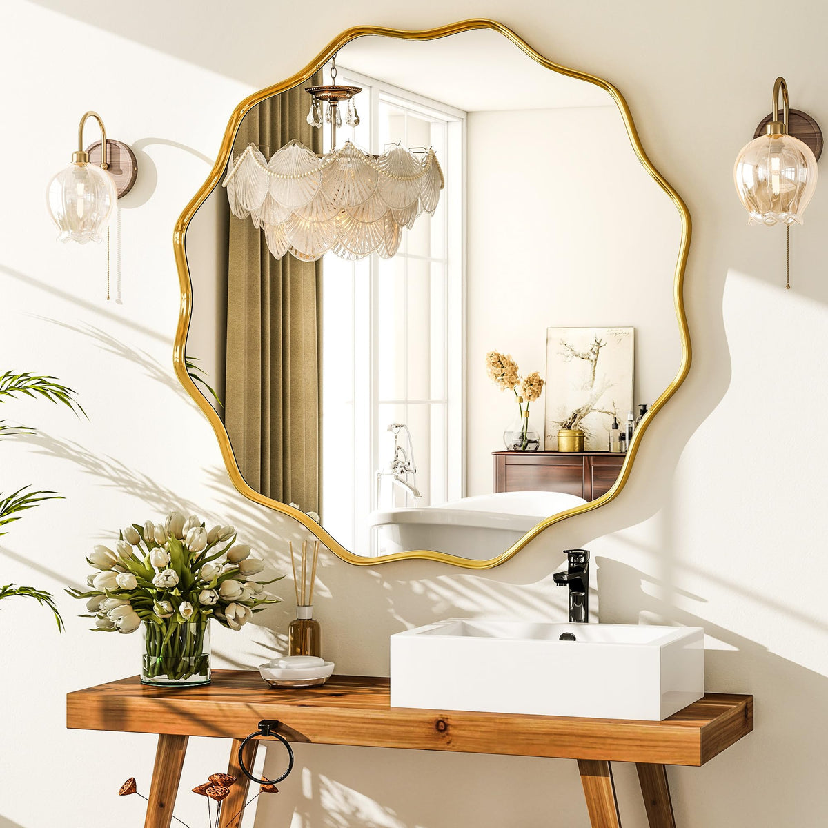 Gold Scalloped Circle Mirror, 36" Wavy Edge Round Wall Mirror