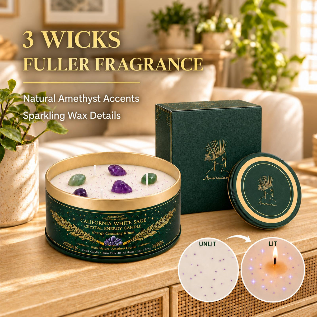 White Sage Candle for Cleansing with Crystals, 12 oz 3-Wick Soy Candle