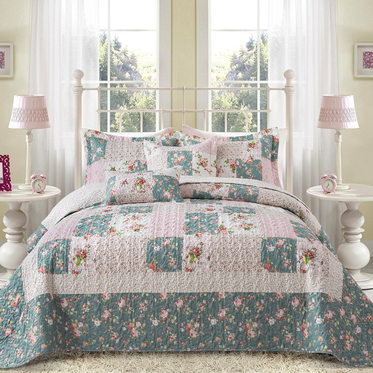 French Style Queen Size Quilt Set for Farmhouse - Cotton Filling