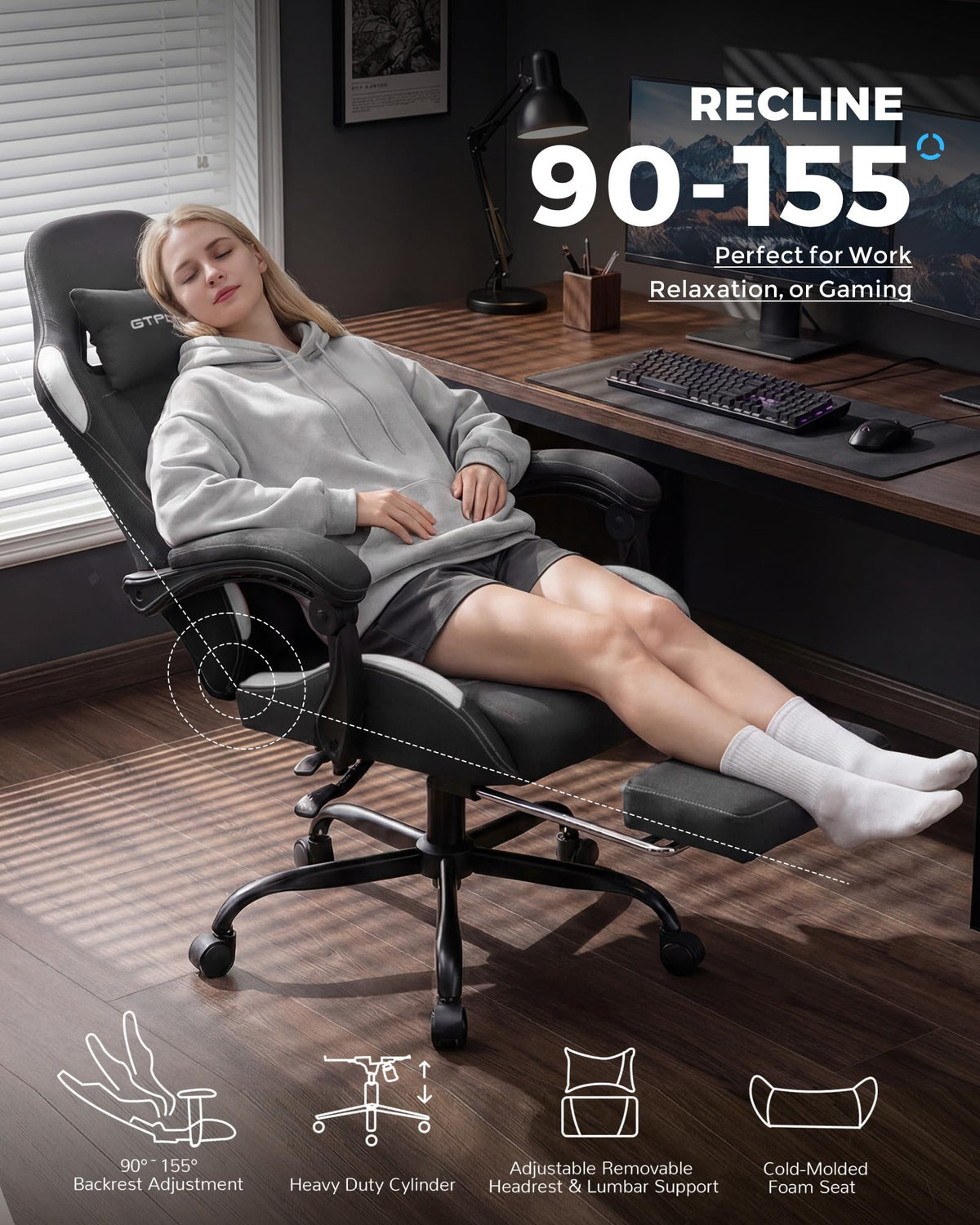 Gaming Chair Fabric with Pocket Spring Cushion, Computer Office Chair with Lumbar Support for Adults Linkage Armrests