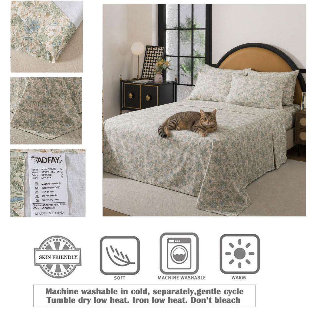 Sheets Set 100% Cotton, 4-Piece Shabby Paisley Floral Bedding Vintage Sage Green Paisley Bed Sheet Set