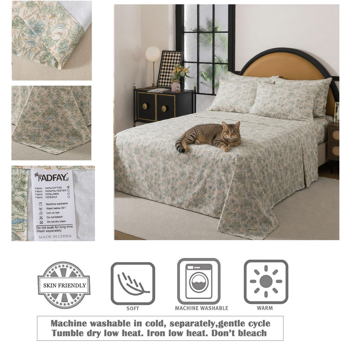 Sheets Set 100% Cotton, 4-Piece Shabby Paisley Floral Bedding Vintage Sage Green Paisley Bed Sheet Set