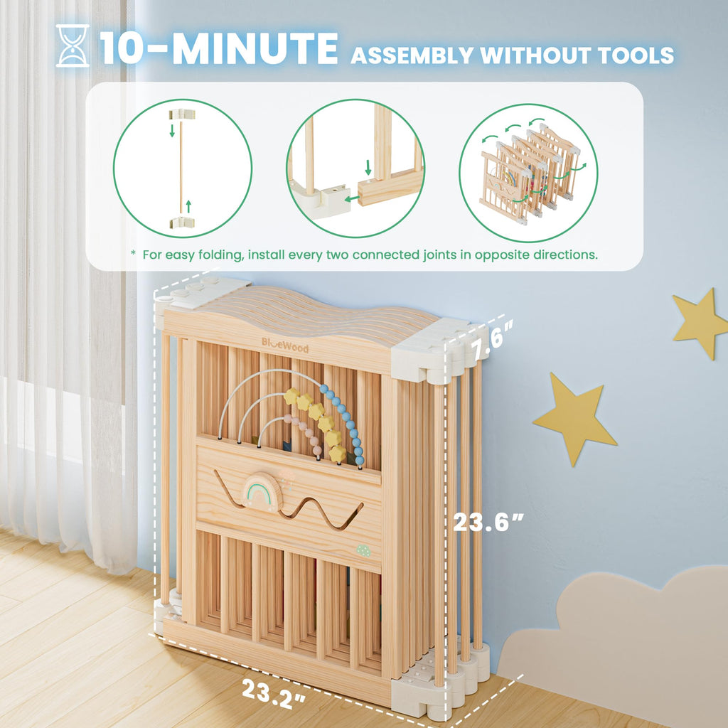 Foldable Wooden Baby Playpen, 45 x 45 x 24 inches, Pastel Dream, Natural