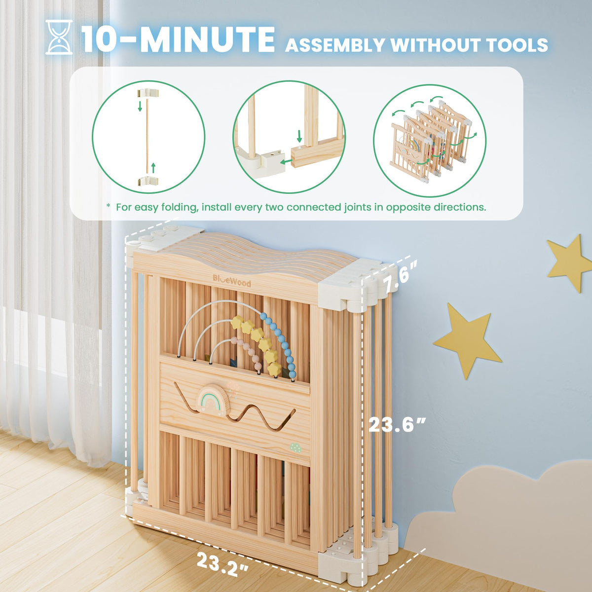 Foldable Wooden Baby Playpen, 45 x 45 x 24 inches, Pastel Dream, Natural