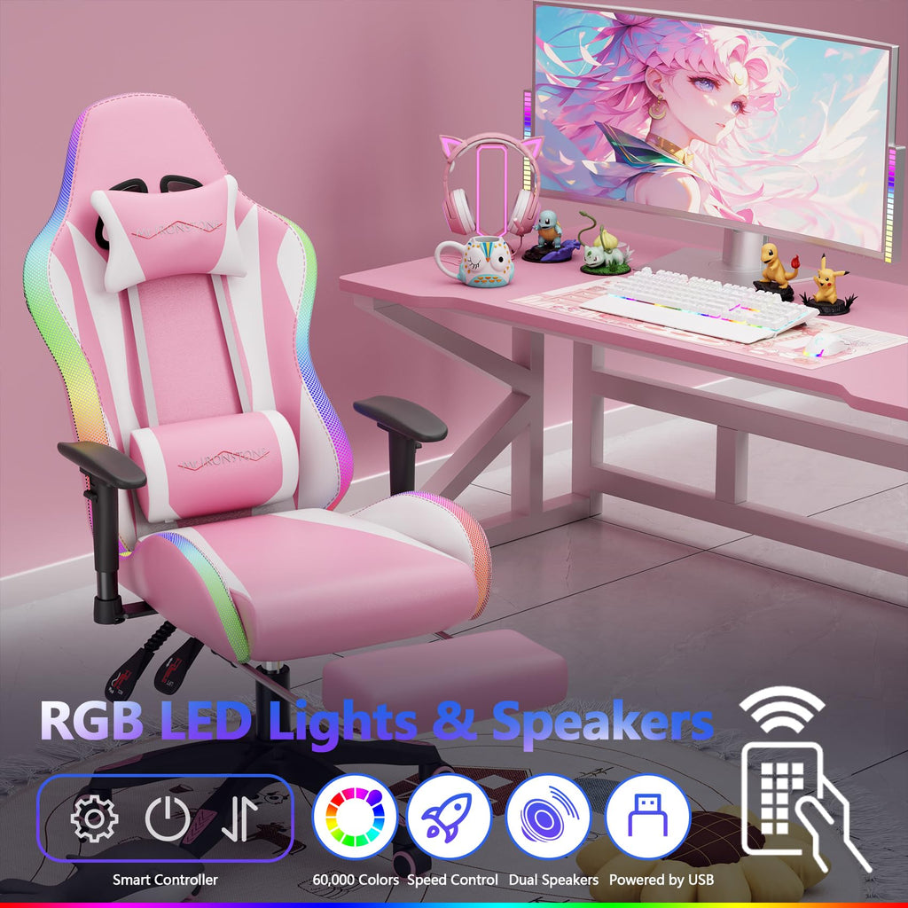 Gaming Chair with Footrest, Ergonomic Gaming Chair with Massage Lumbar Support and Headrest, Reclining Computer Desk