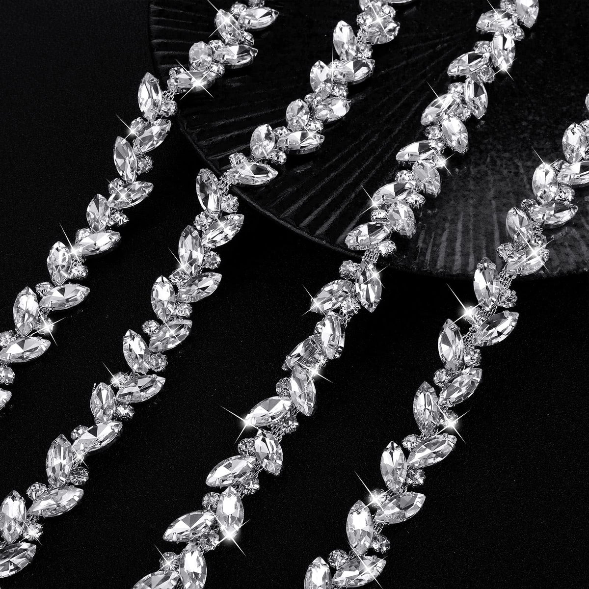 Crystal Rhinestone Chain Trim Leaf Flower Sewing, 6 Yards, Silver