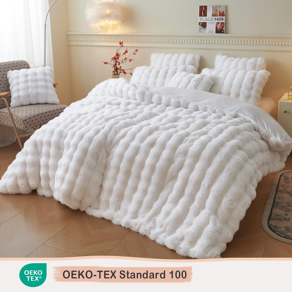Luxury Faux Rabbit Fur Duvet Cover Set 3 PCS, White