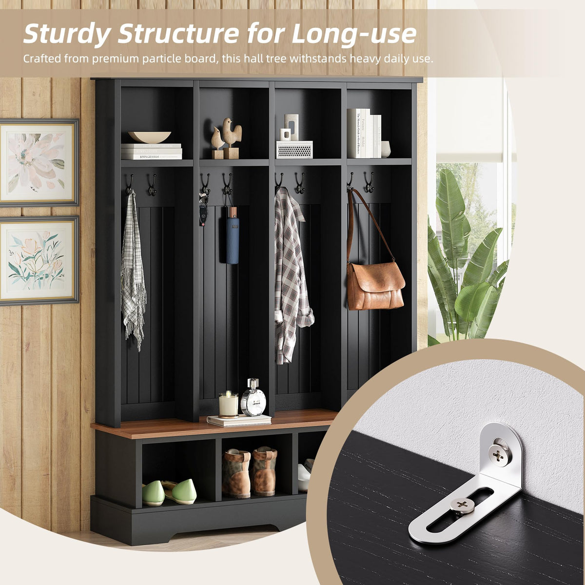 Farmhouse Hall Tree with Bench and Shoe Storage, 59" Entryway Bench with Coat Rack, 3-in-1 Hall Tree with Top