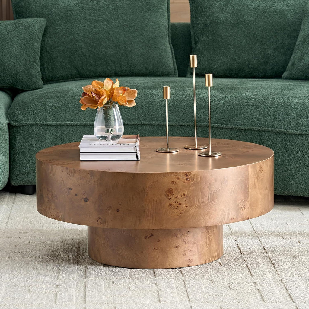 Round Coffee Table Wood, Modern Drum Burl Low Short Coffee Tables 31.49" W X 13.77''h Mid Century Wooden Pedestal