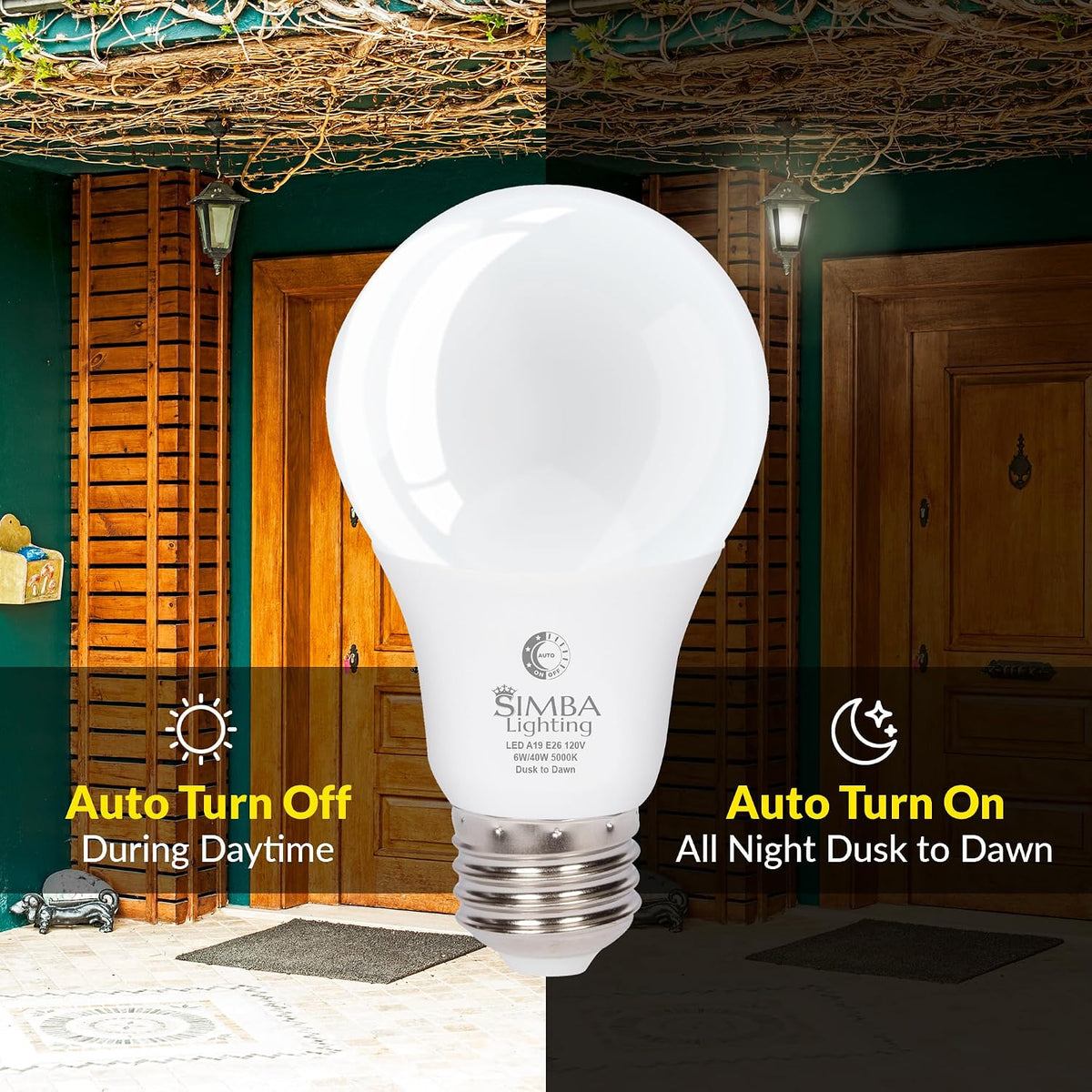 LED A19 Dusk to Dawn 6W 120V Outdoor Bulbs E26 5000K, 4 Pack