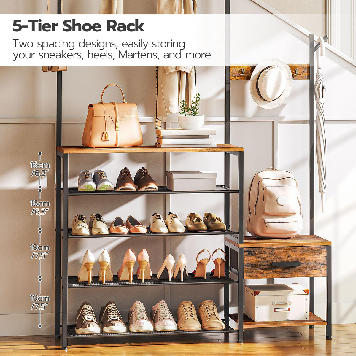 Hall Tree, Entryway Coat Rack Shoe Bench, Shoe and Coat Rack, Hall Tree Coat Rack, with Non-Woven Fabric Drawer, for