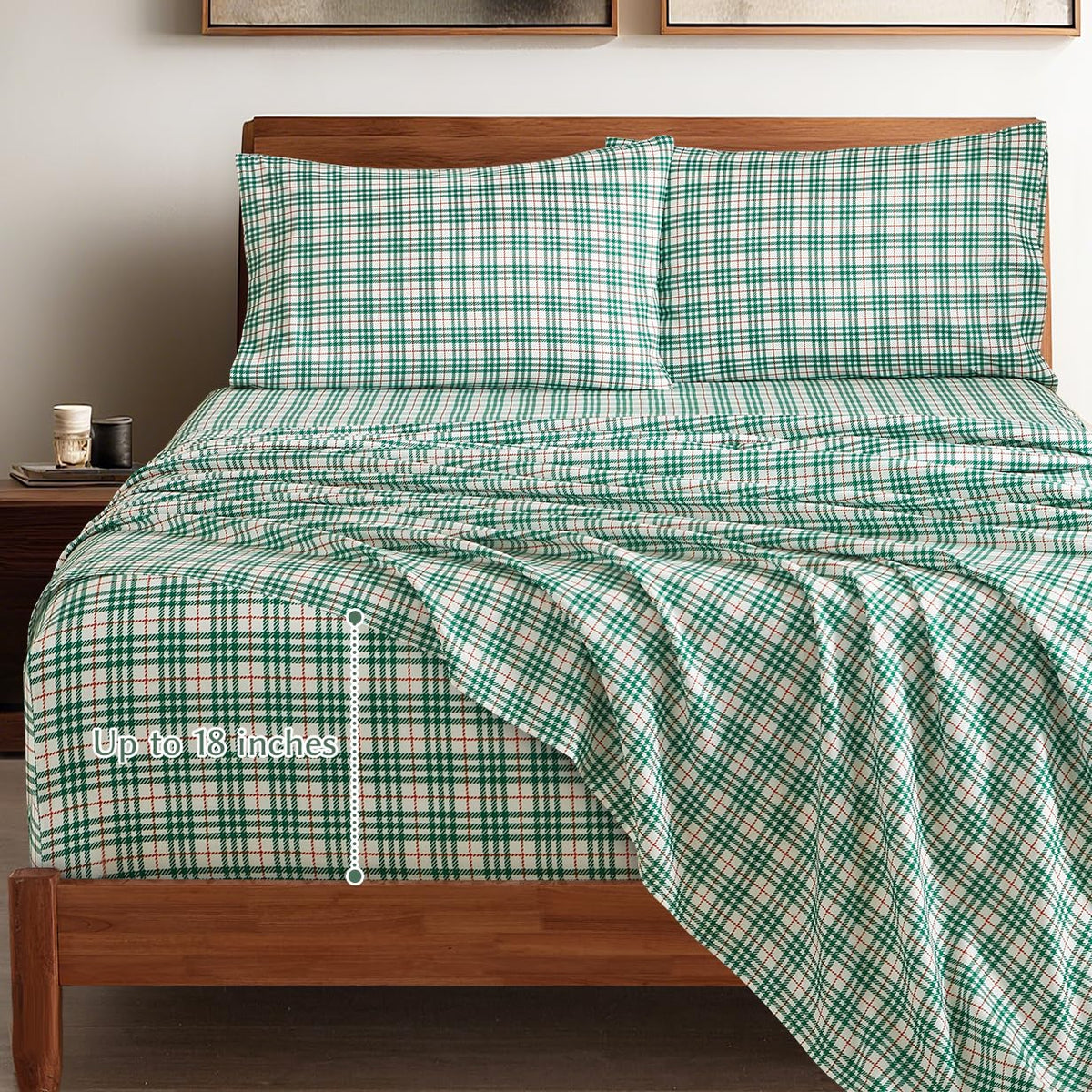 Green Checkered Sheets, Plaid Patterned, Deep Pocket 4pc