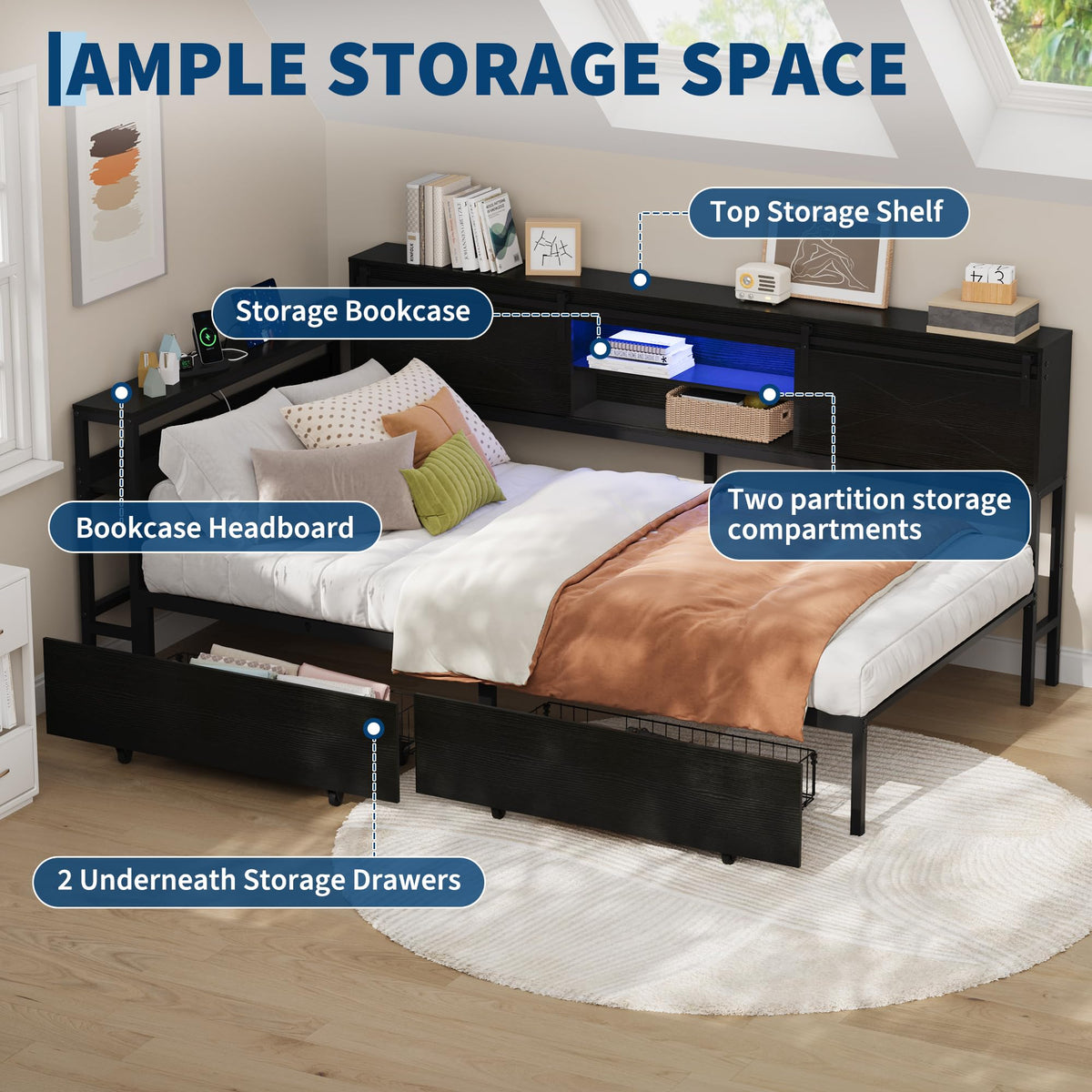 Corner Bed Frame with Storage, Bookcase Headboard & 2 Drawers, Sliding Barn Door Storage Bed Frame with