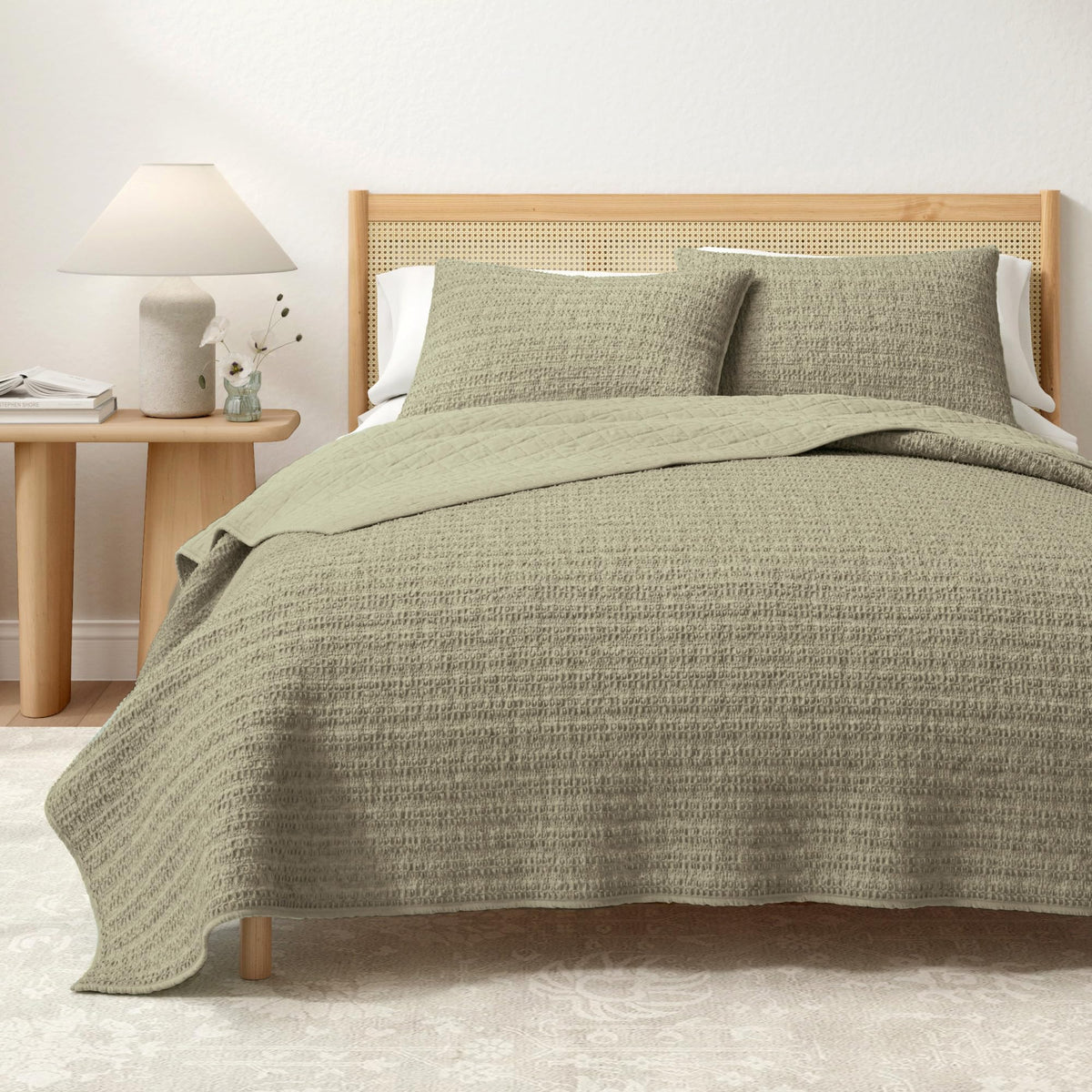 Size Green 100% Cotton Honeycomb Waffle Quilt and Sham Set - Garment Washed, Waffle Weave Like Texture