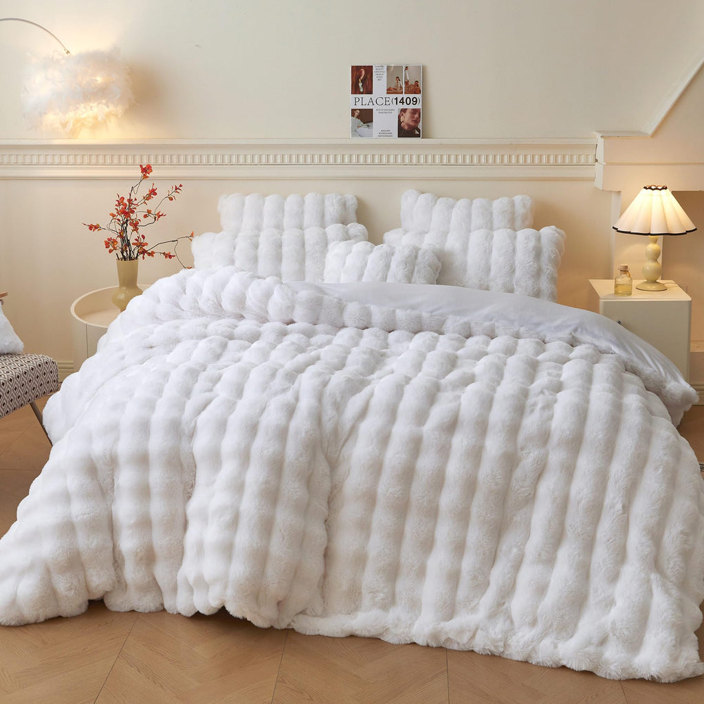 Luxury Faux Rabbit Fur Duvet Cover Set 3 PCS, White