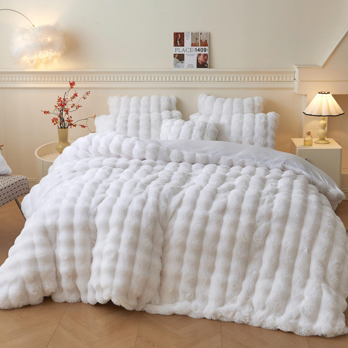 Luxury Faux Rabbit Fur Duvet Cover Set 3 PCS, White