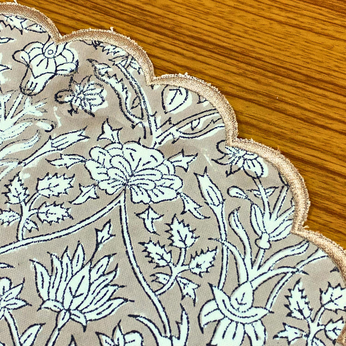 Floral Block Print Round Placemats 15 Inch, Set of 4, Taupe