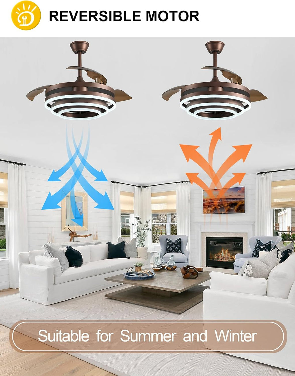 42" Retractable Ceiling Fans with Lights and Remote Brown