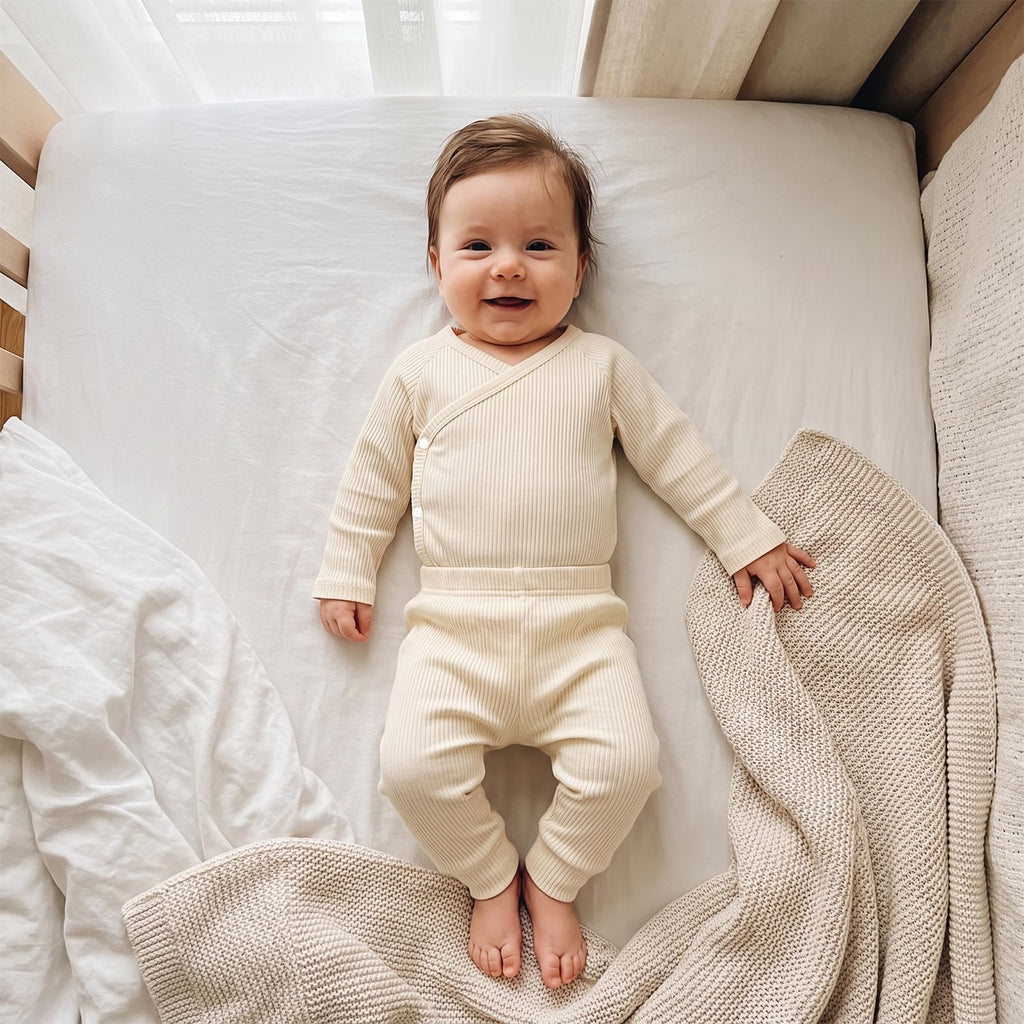 Newborn Baby Coming Home Outfit Ribbed Romper and Pants Set (Beige, Newborn)