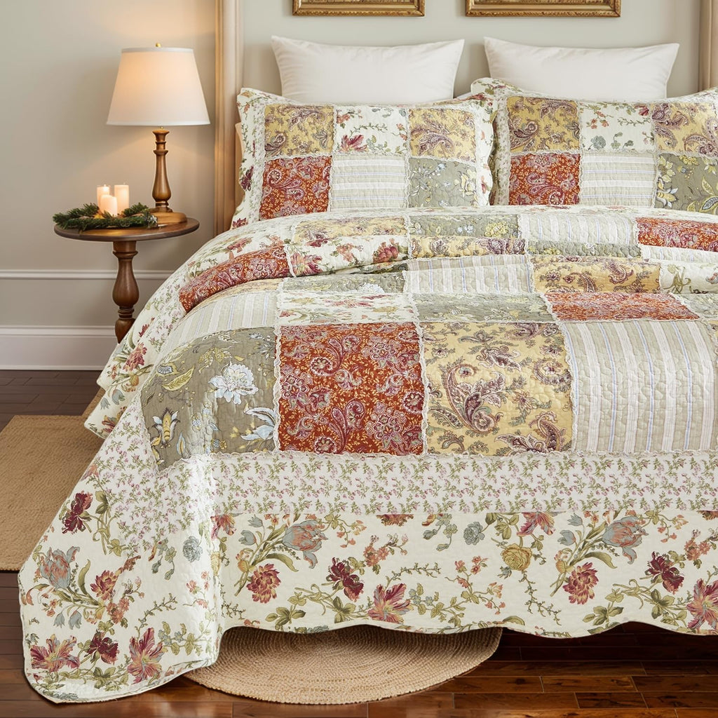 Quilt Set Cotton Farmhouse Patchwork Quilts American Country Quilted Comforter Set 3-Piece