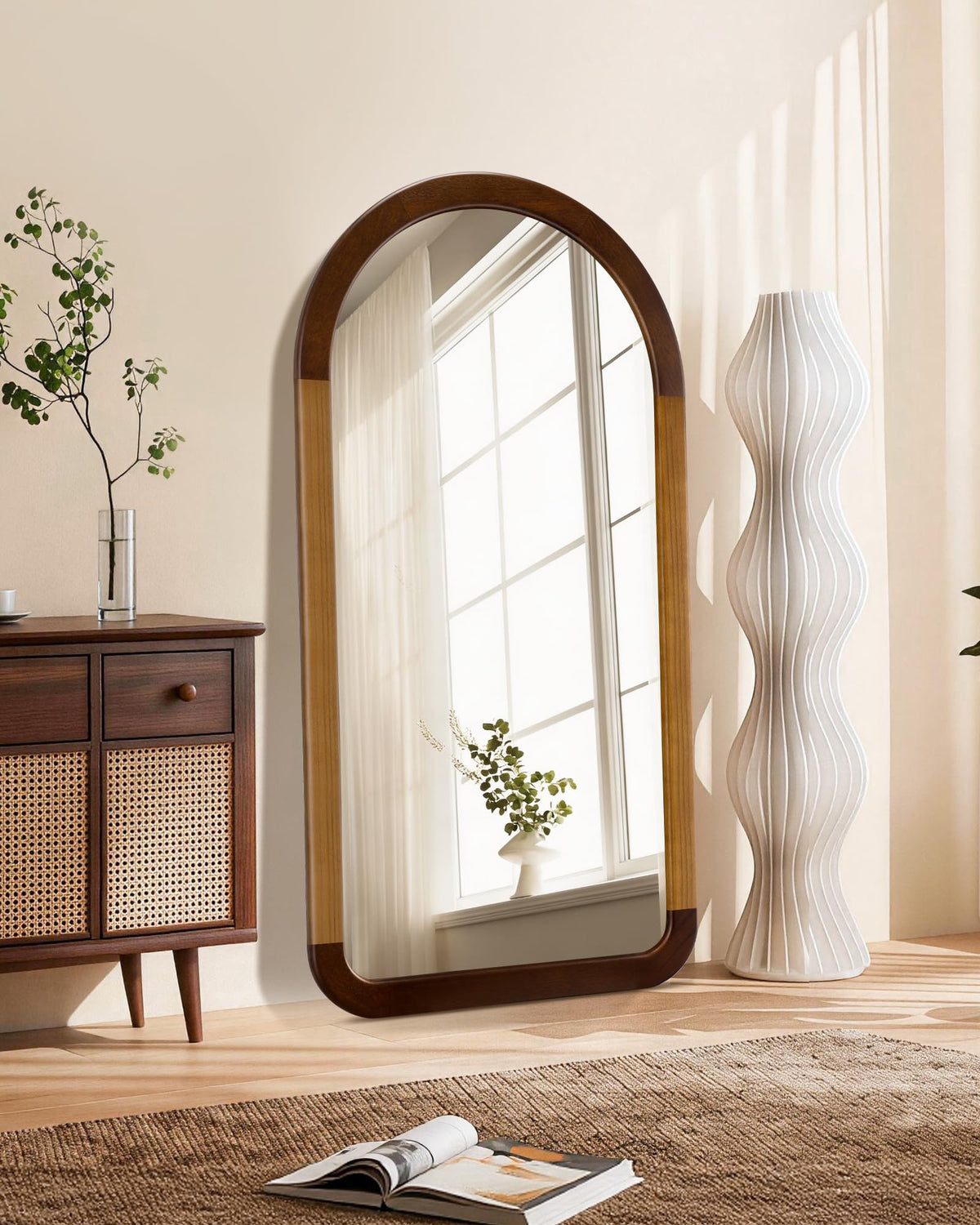 Arched Mirror 24 x 47 Inch,Wood Rustic Bathroom Wall Mirror with Wood Frame