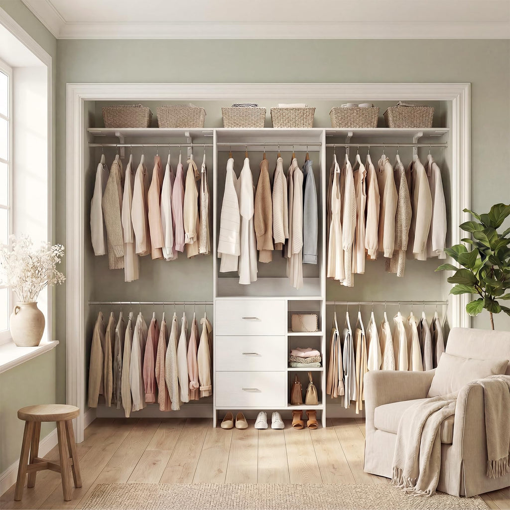 Closet System, Closet Organizer with 3 Wooden Drawers, 8FT Closet Organizer System, 96'' Walk-in Closet Wardrobe