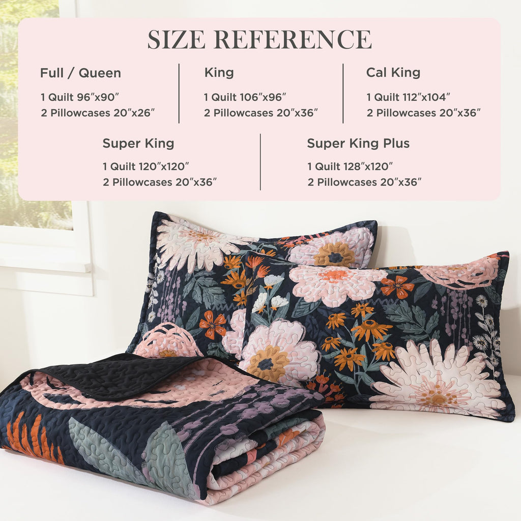 Quilt, Navy Floral Boho Summer Bedspread 3 Pieces
