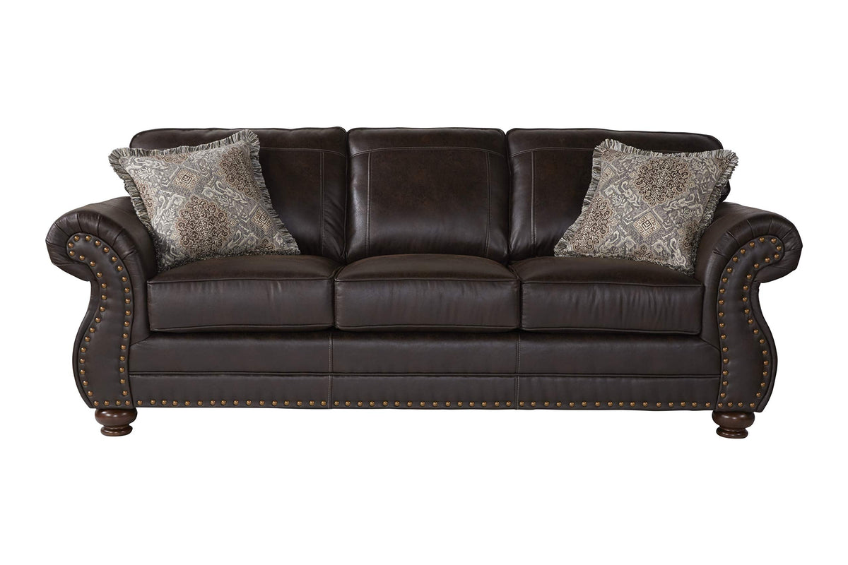 Leinster Faux Leather Sofa and Loveseat with Antique Bronze Nailheads in Espresso