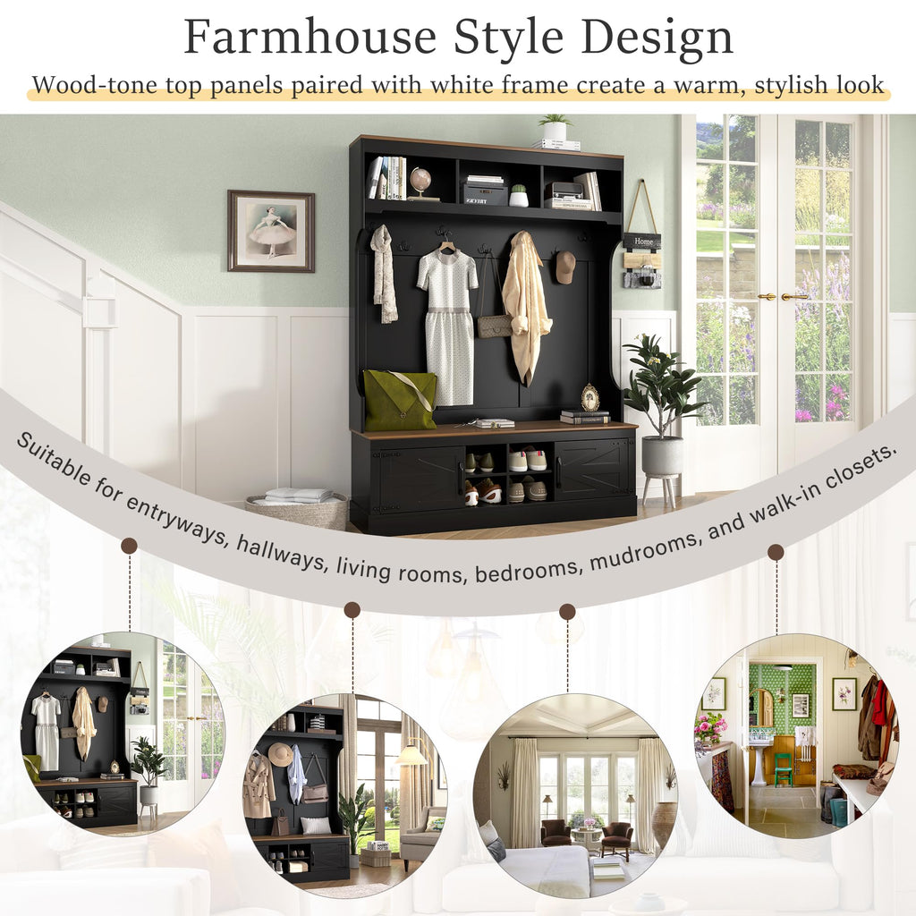 71''H Farmhouse Hall Tree with Bench and Shoe Storage, 5-in-1 Modern Entryway Storage Organizer Cabinet with Rack, 4