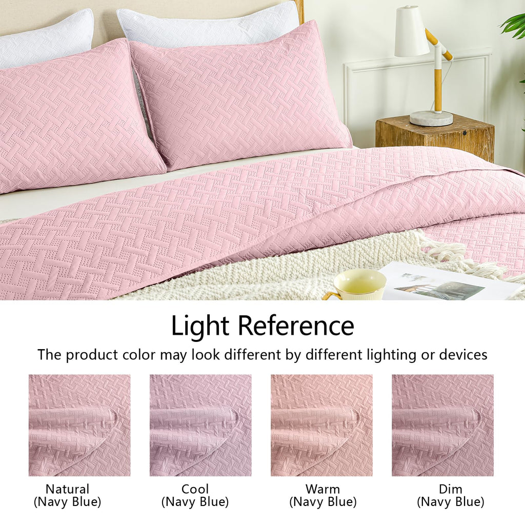 Quilt Bedding Set Pink Lightweight Bedspreads Set, Modern Style Geometric Weave Stripe Pattern, Soft