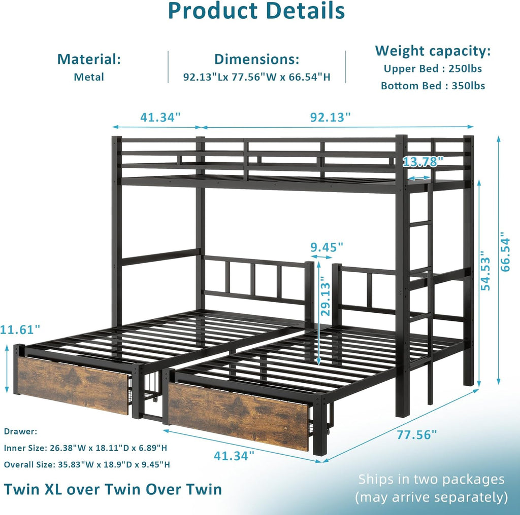 Triple Bunk Bed for Kids,Detachable TwinXL Over Twin Over Twin Metal Bunk Bed with Guardrails,Ladder & Storage,Converts to 3 Separate Beds,Easy to Assemble(3 Bunk Beds for Kids)