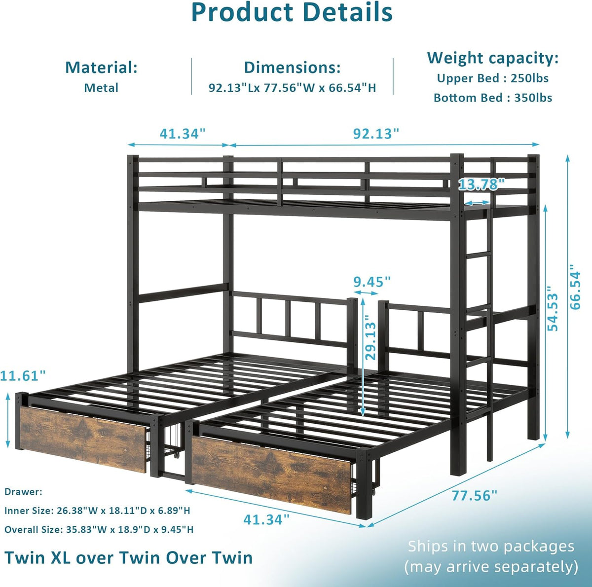 Triple Bunk Bed for Kids,Detachable TwinXL Over Twin Over Twin Metal Bunk Bed with Guardrails,Ladder & Storage,Converts to 3 Separate Beds,Easy to Assemble(3 Bunk Beds for Kids)