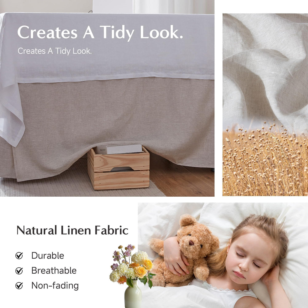 Belgian 100% Linen Bed Skirt with Classic 14 inch Tailored Drop Dust Ruffle, Easy Fit Breathable Premium Natural