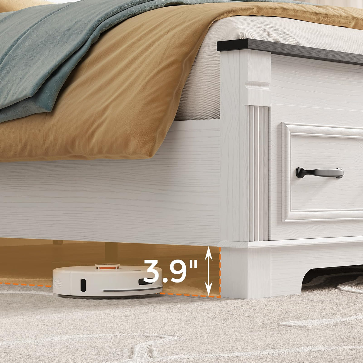 Farmhouse Bed Frame 51" Headboard Storage Drawers Roman Footboard