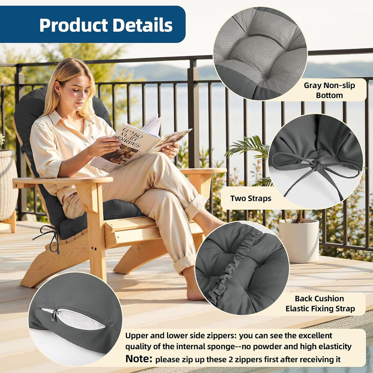 Adirondack Chair Cushion with Non-Slip & Waterproof, 44x19x4 Inch Thick High Back Rocking Chair Cushions Outdoor