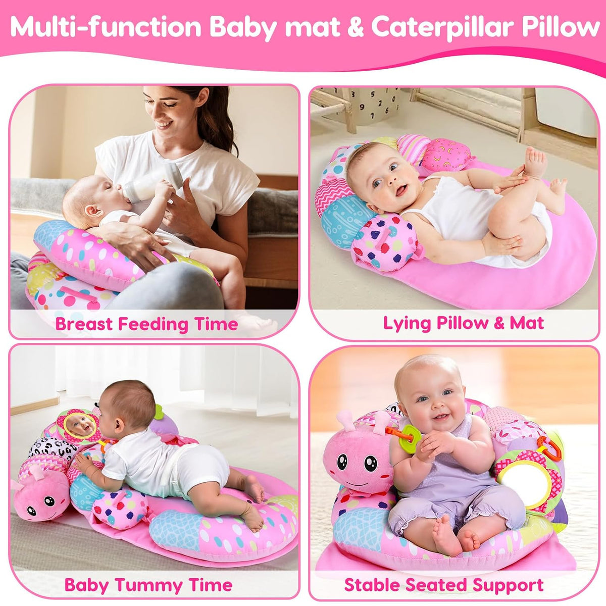 2 in 1 Baby Tummy Time Mat & Support Seated Pillow Infant Newborn Toys 0 1 2 3 4 5 6 Months Pink Caterpillar Sensory