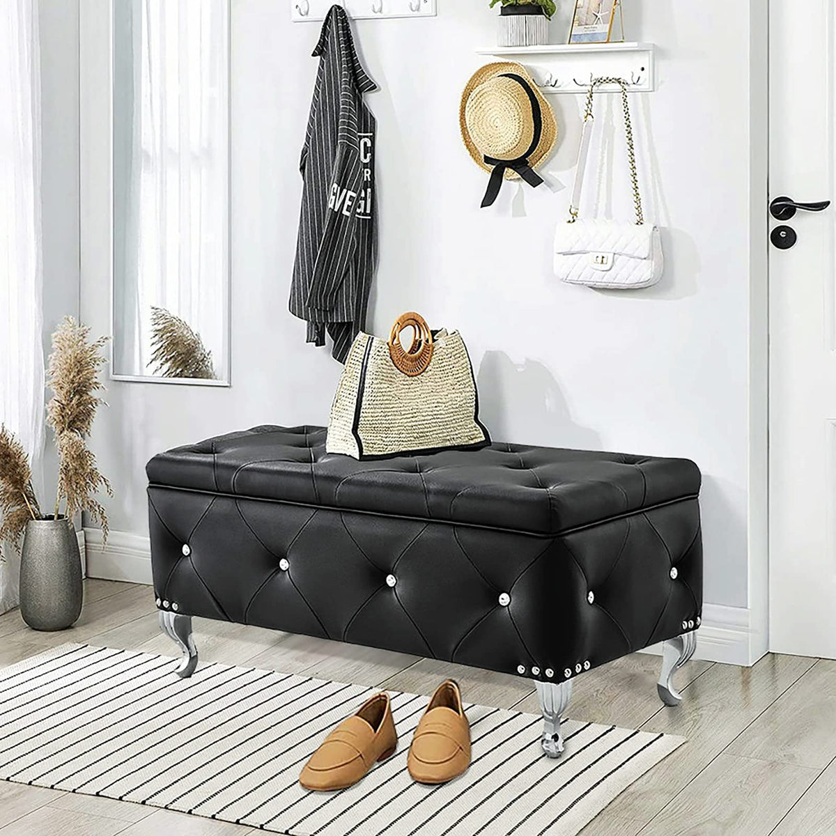 Faux Leather Large Storage Ottoman Bench Set Foot Rest Stools Bedroom with 2pcs Ottomans Upholstered, Black