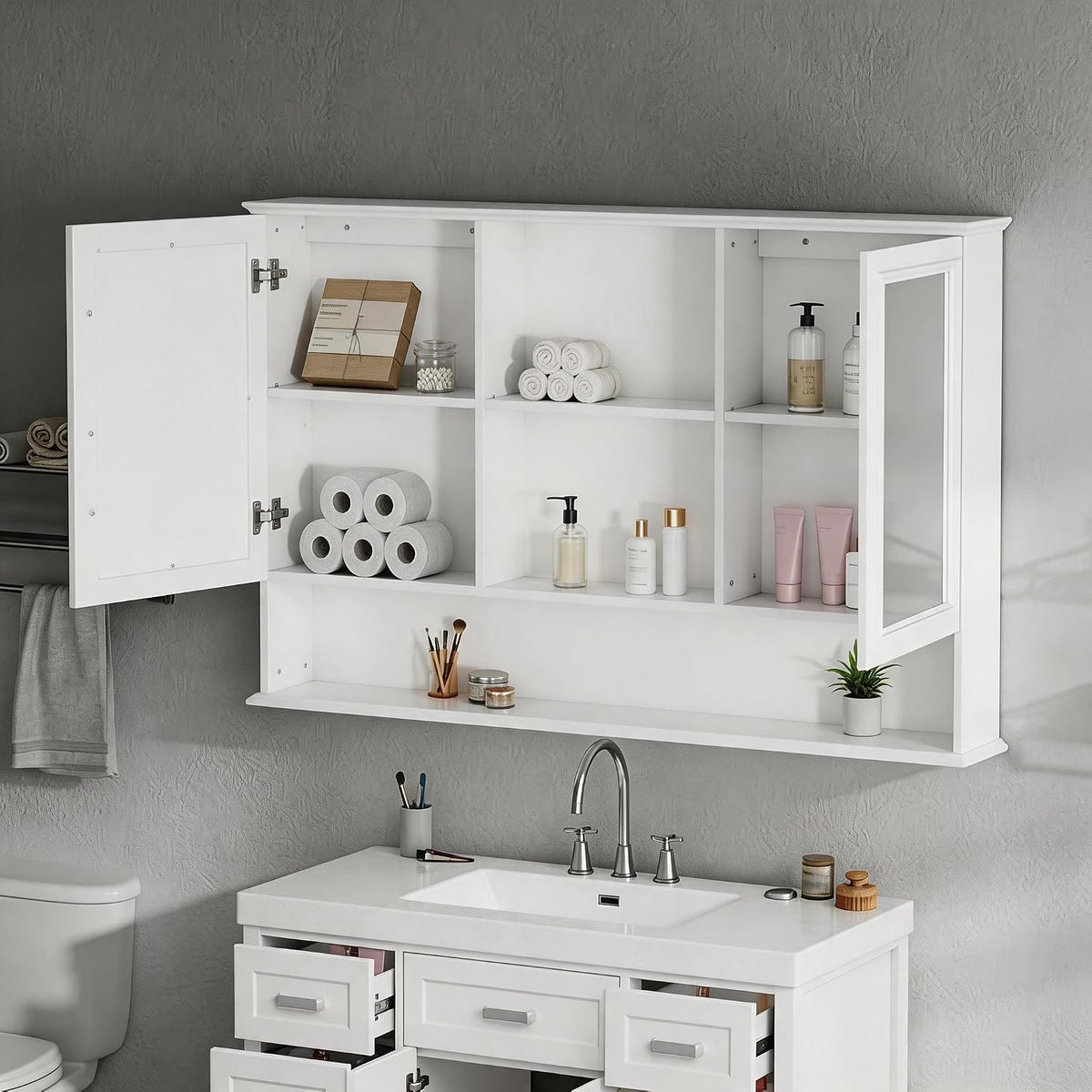 60" Wall-Mounted Bathroom Medicine Cabinet with Double Mirrored Doors, 2-in-1 Mirror & Storage Design Cabinet with
