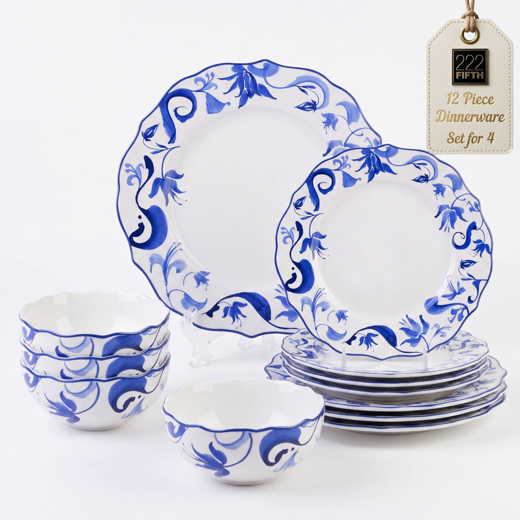 12-Piece Porcelain Dinnerware Set for 4, Blue & White Plates and Bowls Set, Glossy Ceramic Dish Set with Beautiful