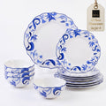 12-Piece Porcelain Dinnerware Set for 4, Blue & White Plates and Bowls Set, Glossy Ceramic Dish Set with Beautiful