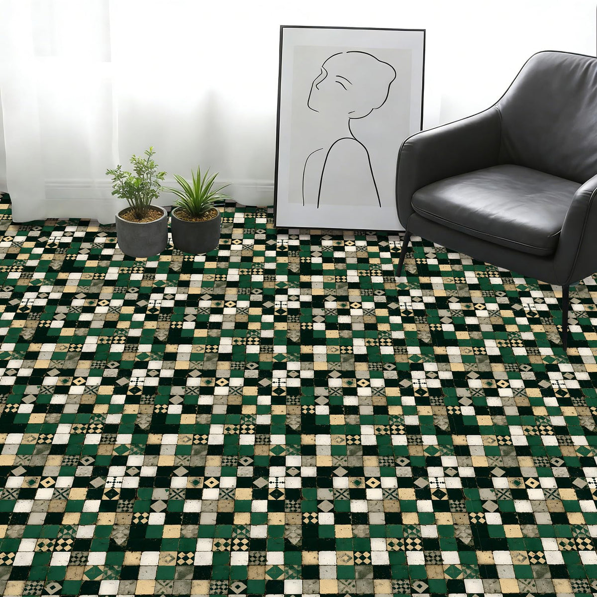 10pcs Peel and Stick Floor Tiles 12x12 Inch Vintage Green Square Vinyl Flooring Self Adhesive Tile Removable DIY