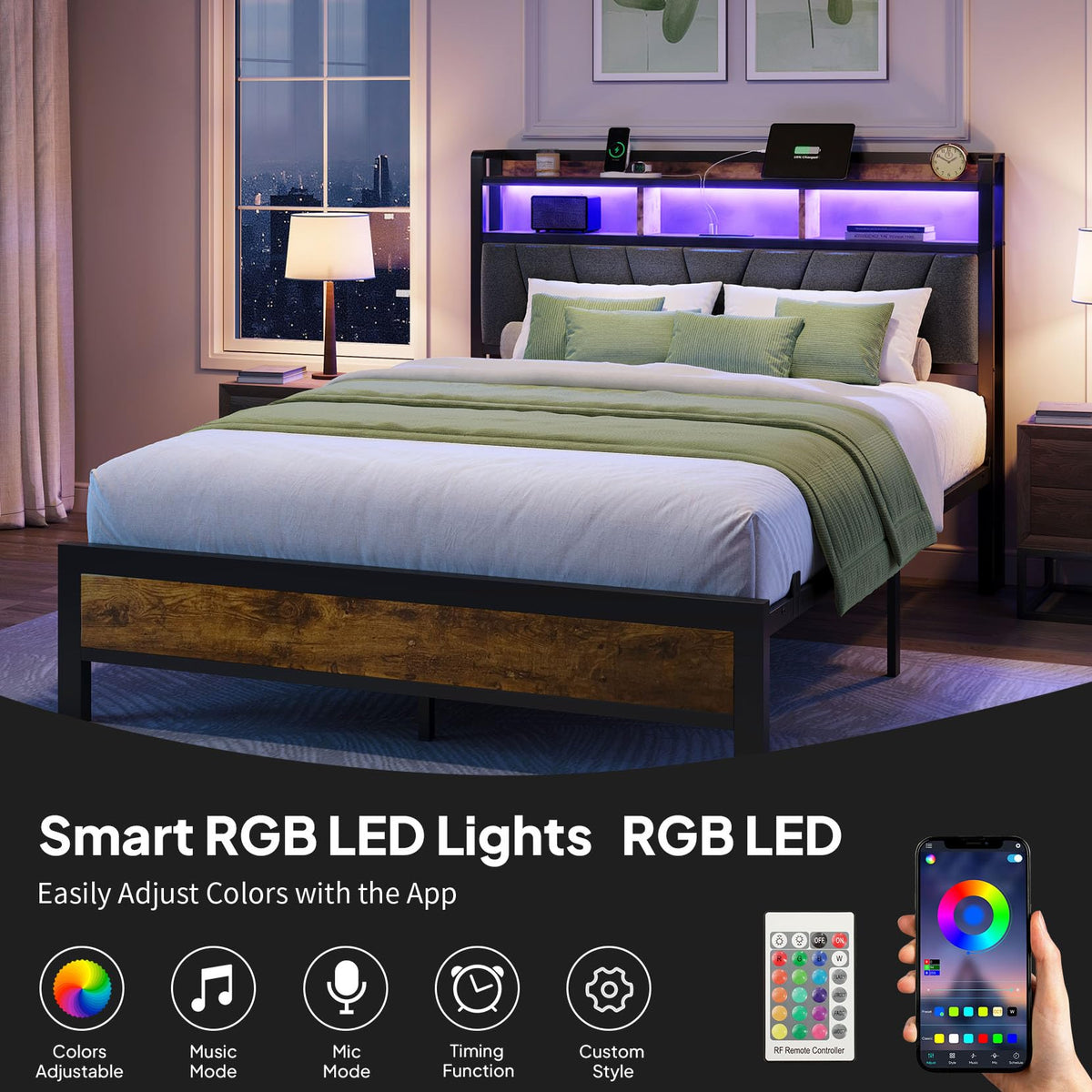 Bed Frame with LED Lights and Charging Station, Vintage Brown