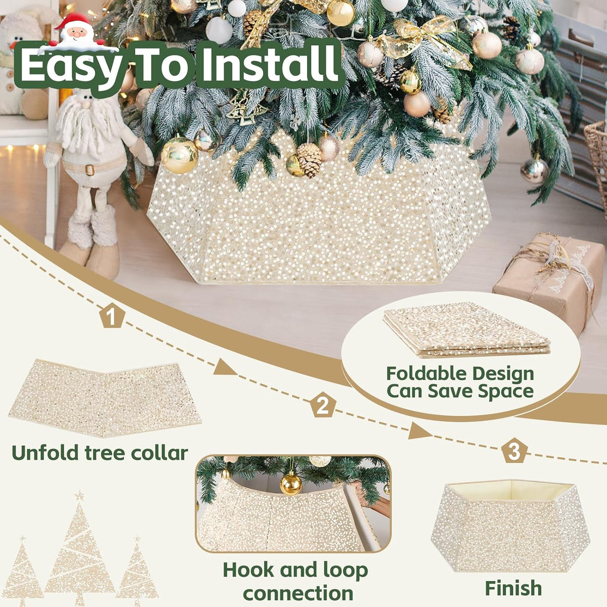 Sequin Christmas Tree Ring Collar Collapsible 25.59 Inch Champagne Gold Tree Skirt Velvet Tree Stand Cover for Xmas